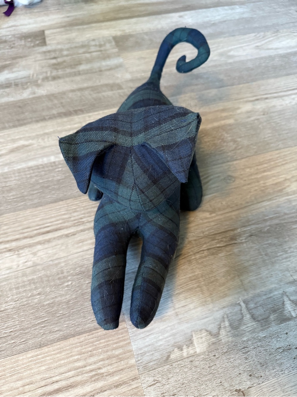 Plaid Fabric Cat Doorstop - Black and Green